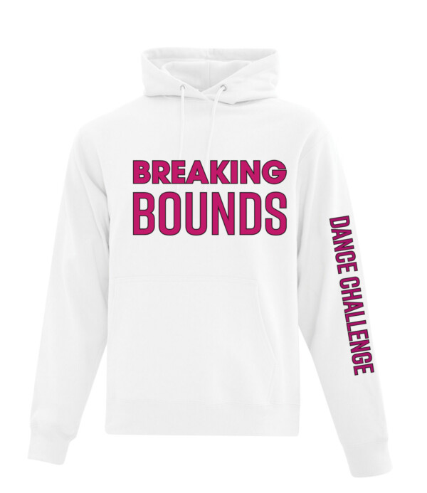 White Fleece Hoodie with Breaking Bounds Logo in magenta